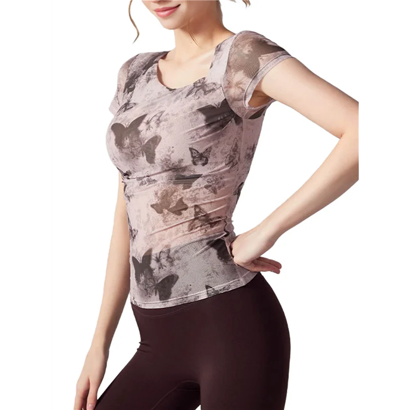 

ASDS-Women's Asymmetrical Neck Floral Print Mesh Shirts Ruched Short Sleeve Fitted Blouses