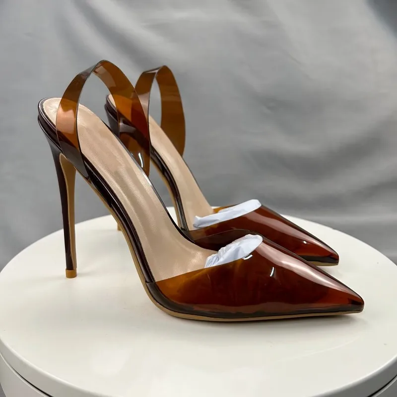 Tikicup Brown Summer Women Sexy Transparent Soft PVC Pointy Toe High Heel Slingback Shoes Jelly Stiletto Pumps 12cm 10cm 8cm