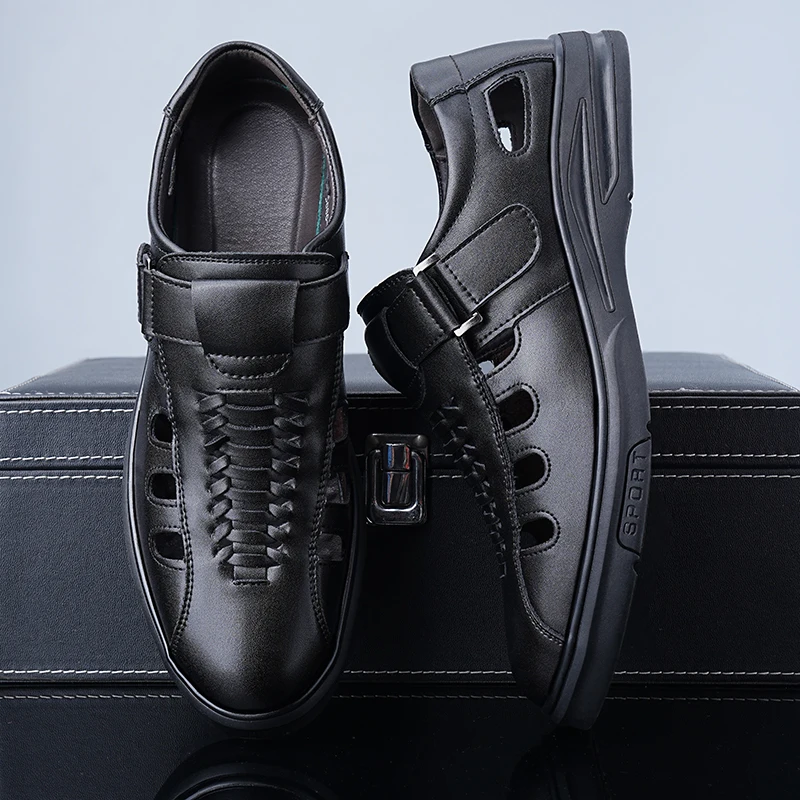 

Мужские сандалии из натуральной кожи, летняя дышащая повседневная обувь для мужчин, сабо без шнуровки, уличные нескользящие сандалии ручной работы