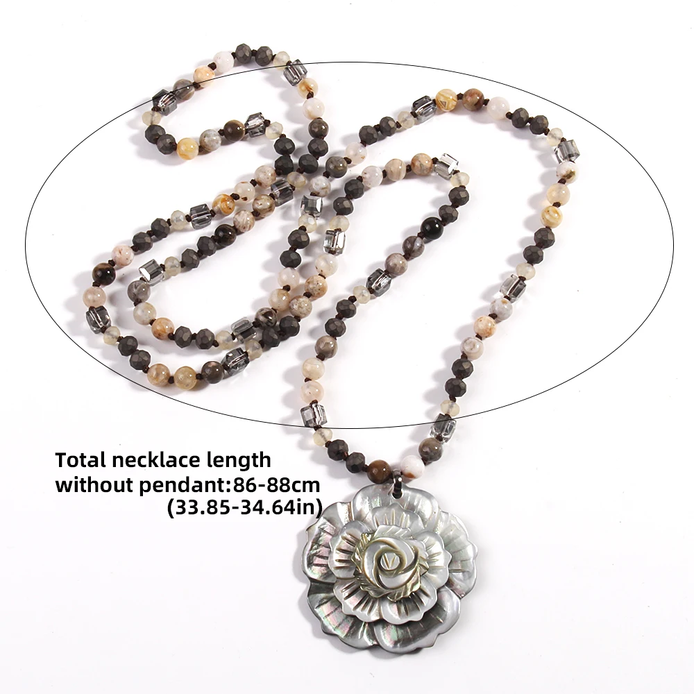 New vintage elegant Bohemian style 6mm natural bamboo agate /Glass layers deep sea black shell Pendant Necklaces