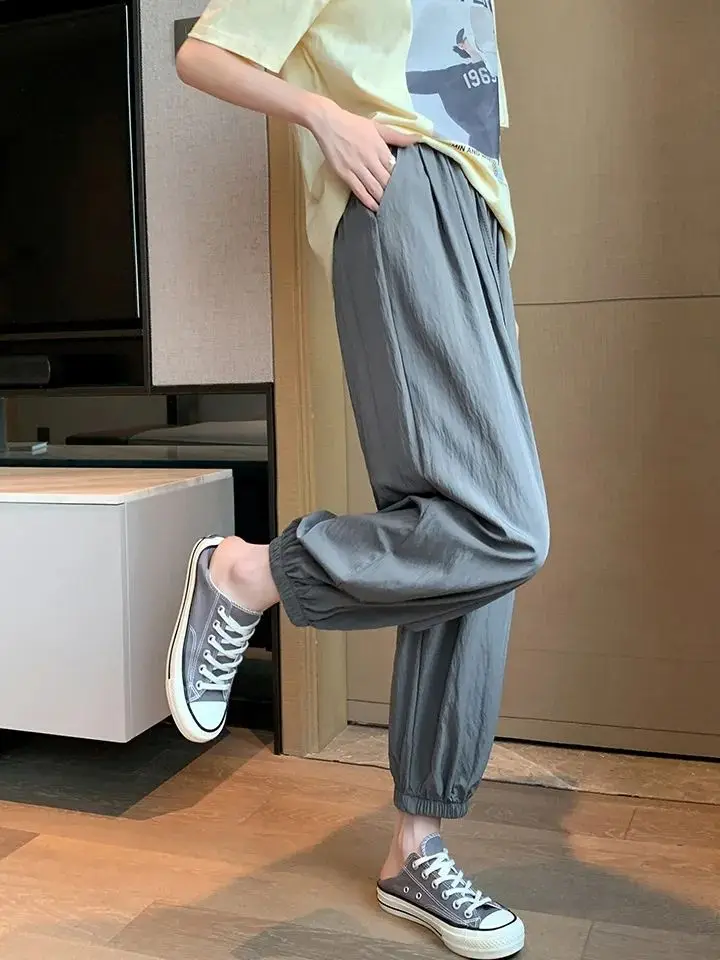 plus Size Women's Harlan Pants Ice Silk Cuffed Lantern Pants Summer Slimming Nine Point High Waist Straight Leg Casual Trousers