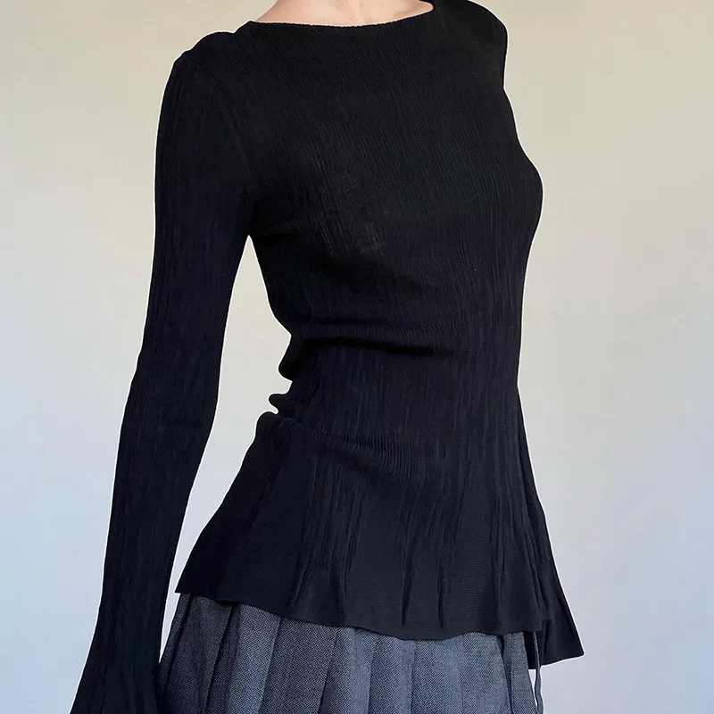 Women's Pleated Flared Sleeve T-shirt Spring Autumn Solid Color Simple Slim Tops American Fashion Texture Female Tees