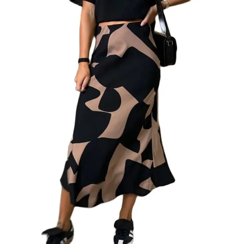 Women High Waist Printed Fashion Maxi Skirts, Autumn Winter Simple All Match Holiday Skirts, 2024 Patchwork Casual Ladies Skirts — zdjęcie 2