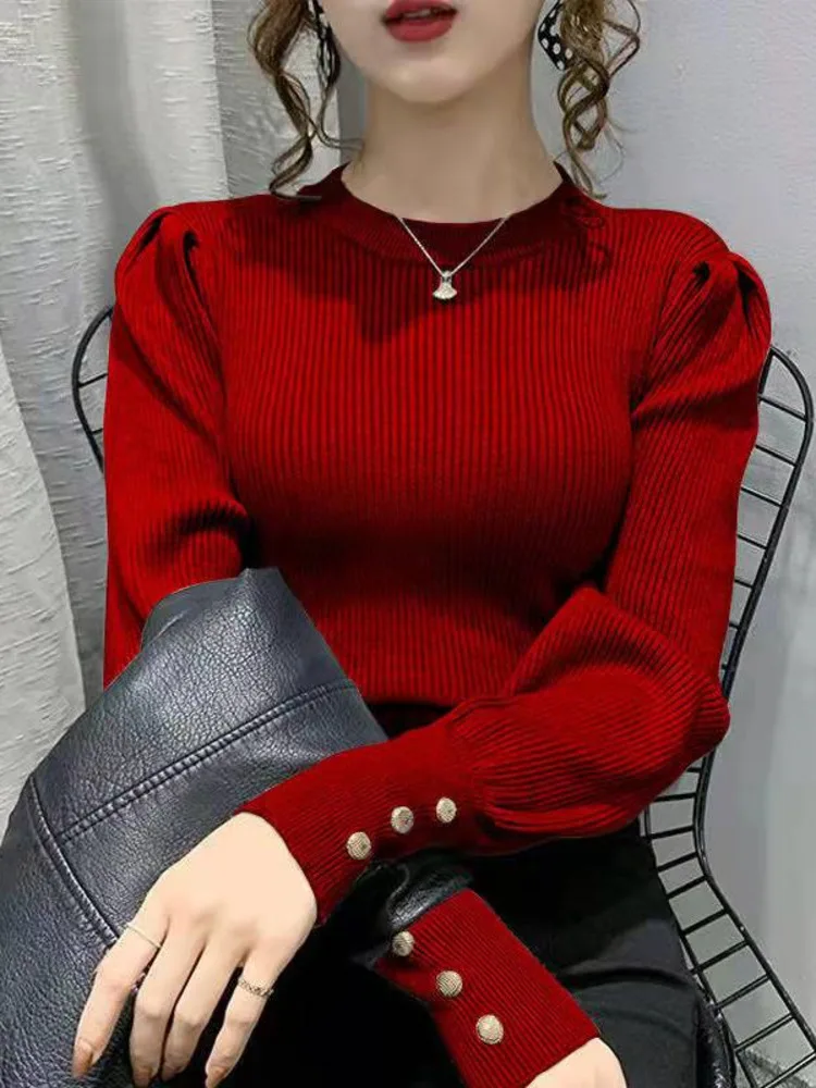 Fashion O-neck Elastic Female Pullover Sweater Lantern Sleeve Buttons Women Jumpers Knit Tops Winter Clothes Women Pull Femme