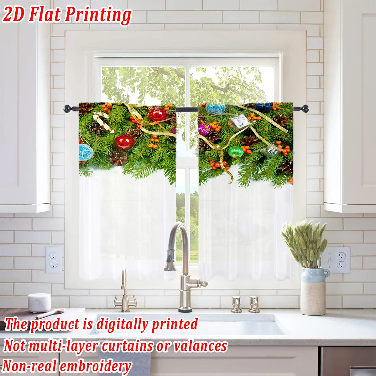 Christmas Flat Printing Kitchen Sheer Curtain with Merry Christmas Pine Branch Pinecone Ornament For Christmas Home Decor  Party
