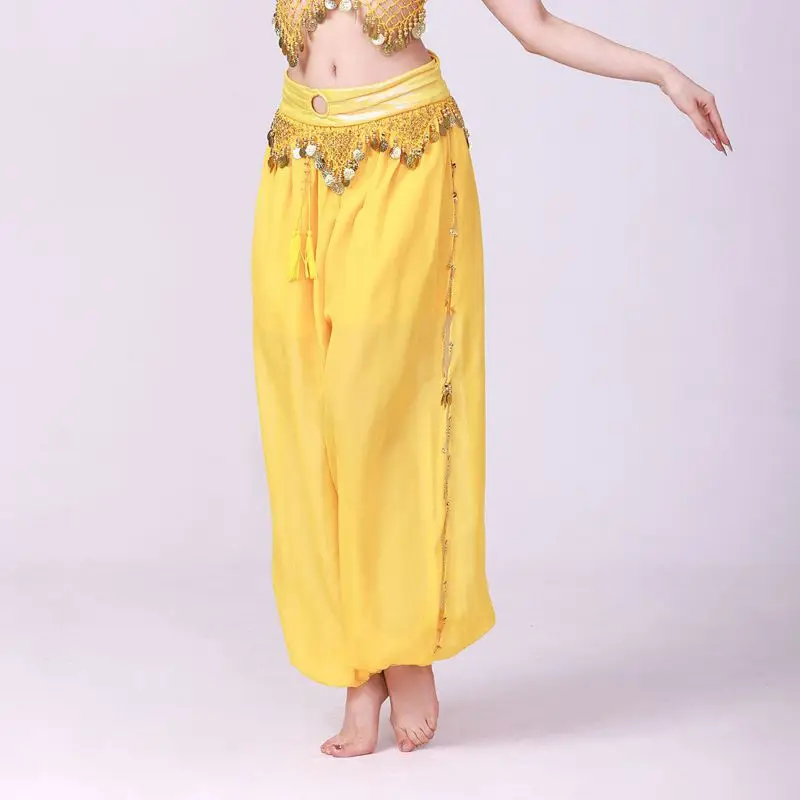 Women Chiffon Belly Dance Harem Pants Arabic Sequins Bellydance Pants Trousers with Gold Trim Tassels Women Dancing Pants