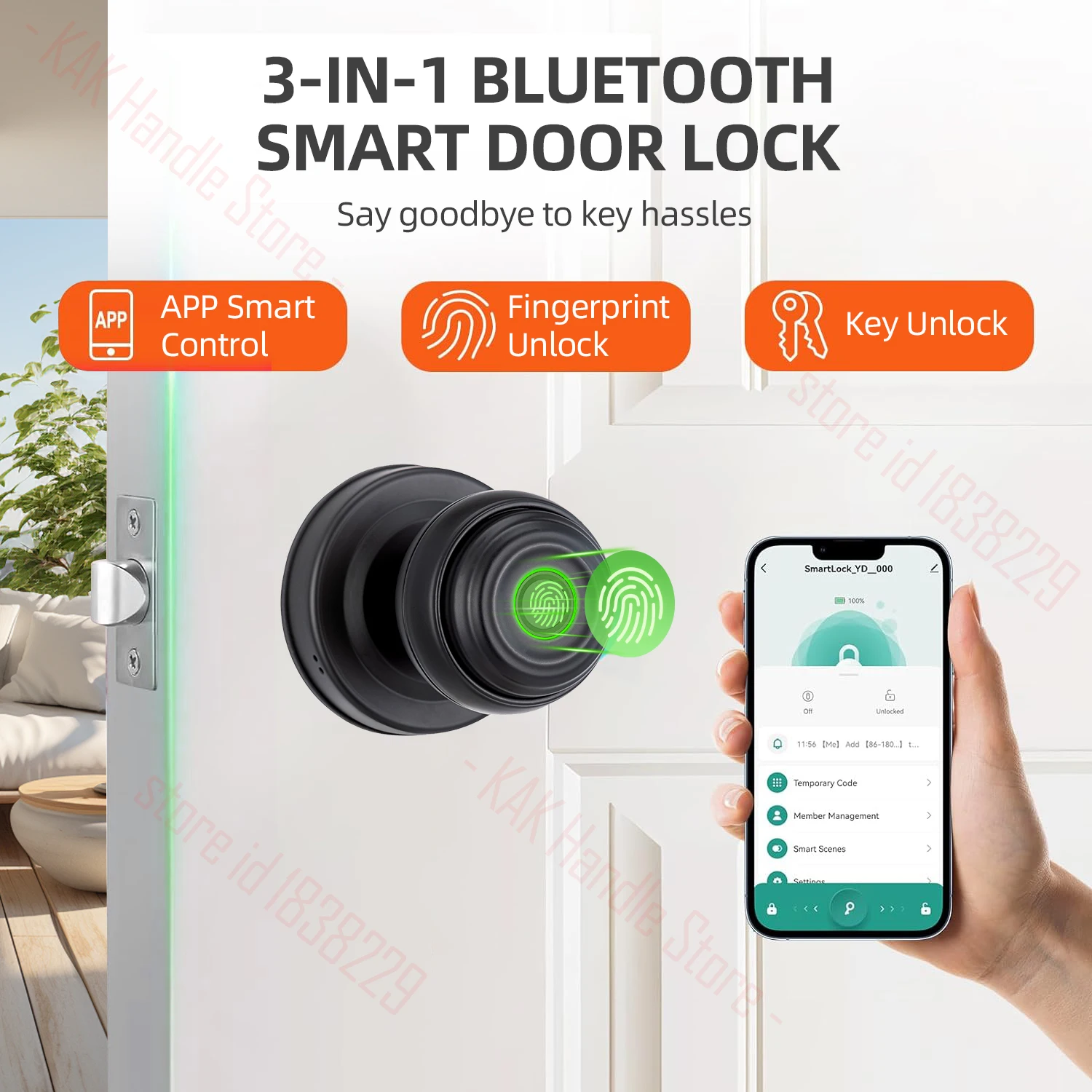 KAK Fingerprint Door Lock with Knob Cylinder Smart Lock Keyless Entry Door Lock with APP Black Smart Fingerprint Lock Door Knob