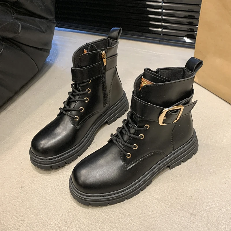 

2025 New Autumn and Winter Women's Thick-soled Fashion Boots British Style Thick-heeled Metal Buckle Lace-up Fashion Boots