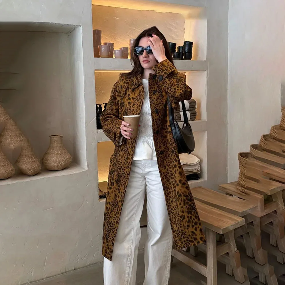 PRINTKAOIR 2024 Autumn Leopard Print Women Oversize Trench Long Sleeve Mid Length Loose Jacket Female Coat Streetwear Y2K