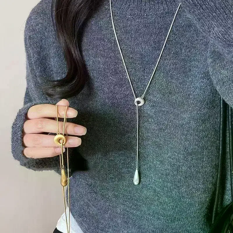 Simple Water Droplet Pendant Necklace For Women Fashion Irregular Metal Smooth Long Y-Shaped Necklace Sweater Chain Jewelry