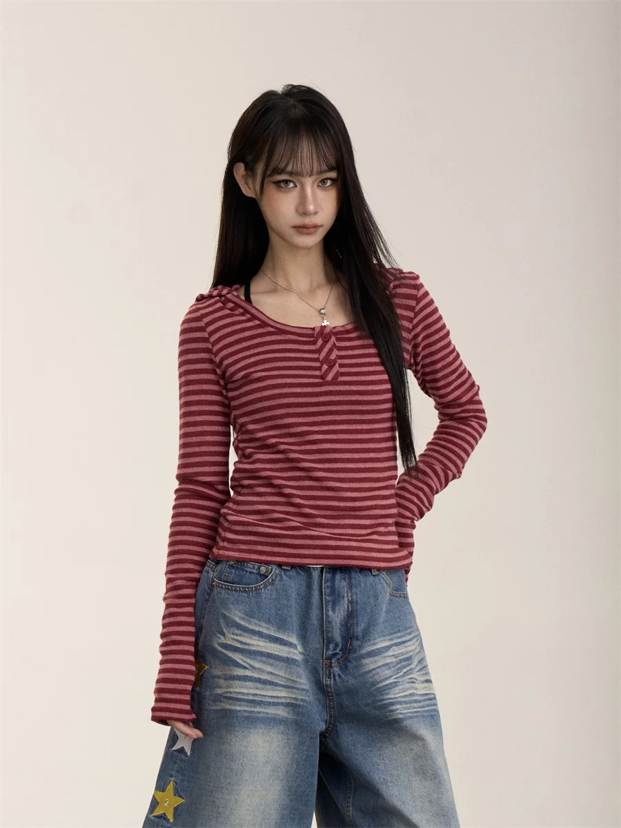 

Onlpp American Retro Striped U-Neck Long Sleeve Women's T-shirt Spring Summer Slimming Base Layer Casual Top