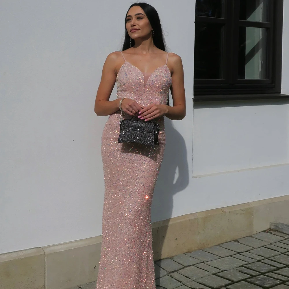 Glitter Evening Dress Pink Sequined Mermaid Spaghetti Straps Evening Gowns for Women V Neck Trumpet Sexy Prom Dresses Long