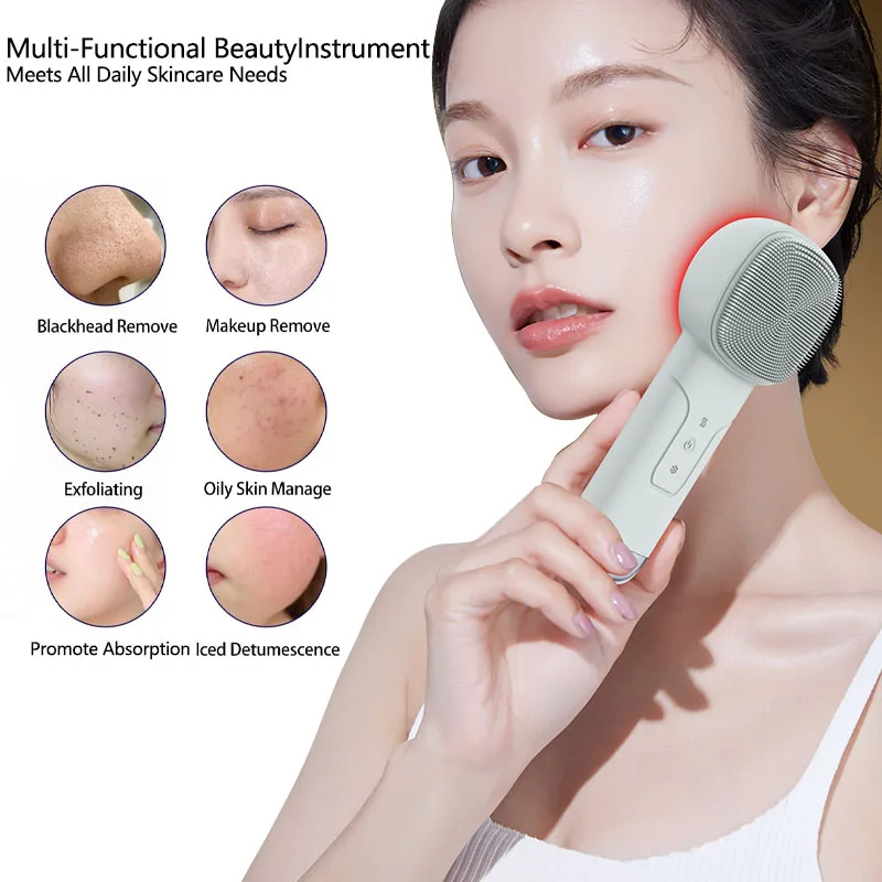 Sonic Facial Cleansing Brush with Thermal Function, Waterproof Skin Cooling Massager, Silicone Facial Cleansing Device