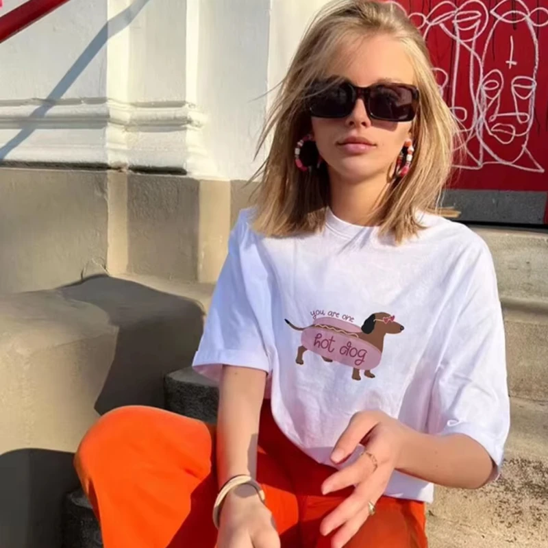 

25 Fashion Casual Wear Printed Funny T-shirt Women White Short Sleeve Loose Cotton Top You are One Hot Dog T-shirt Summer Street