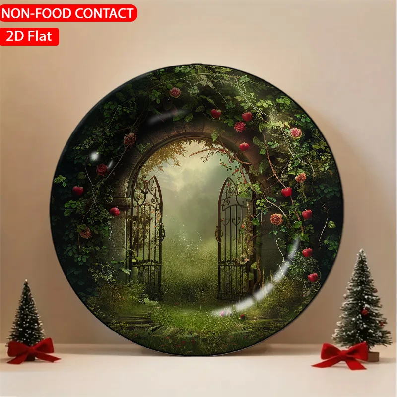 1pc Fairy Tale Garden Gate Green Ceramic Plate Non-food Contact, Home Desk Ornaments, Living Room and Bedroom Decorations,