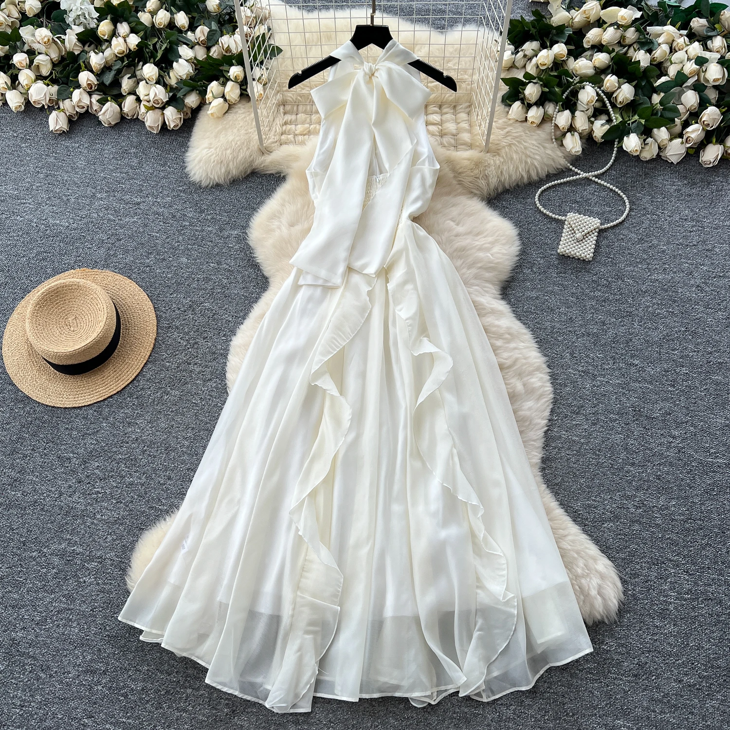 Chic Sexy espalda descubierta halter tridimensional floral Slip Vestido Hada A-line Vestido playa vacaciones mujeres Boho Sundress