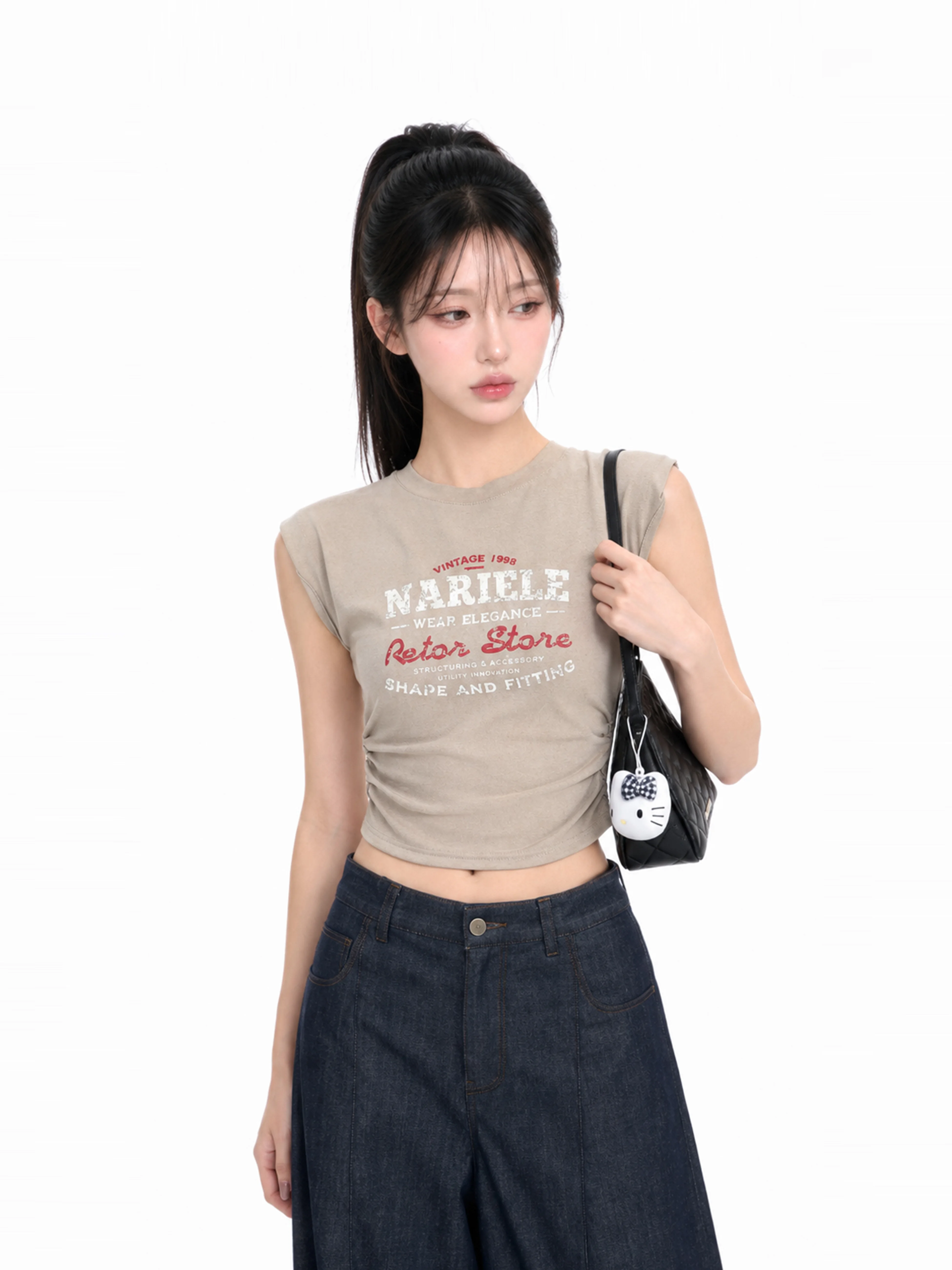 Slim Fit American Vintage Short Sleeve Women's Vest Small Ball Ball Trendy Cotton Summer Casual Print Top for Young Ladies