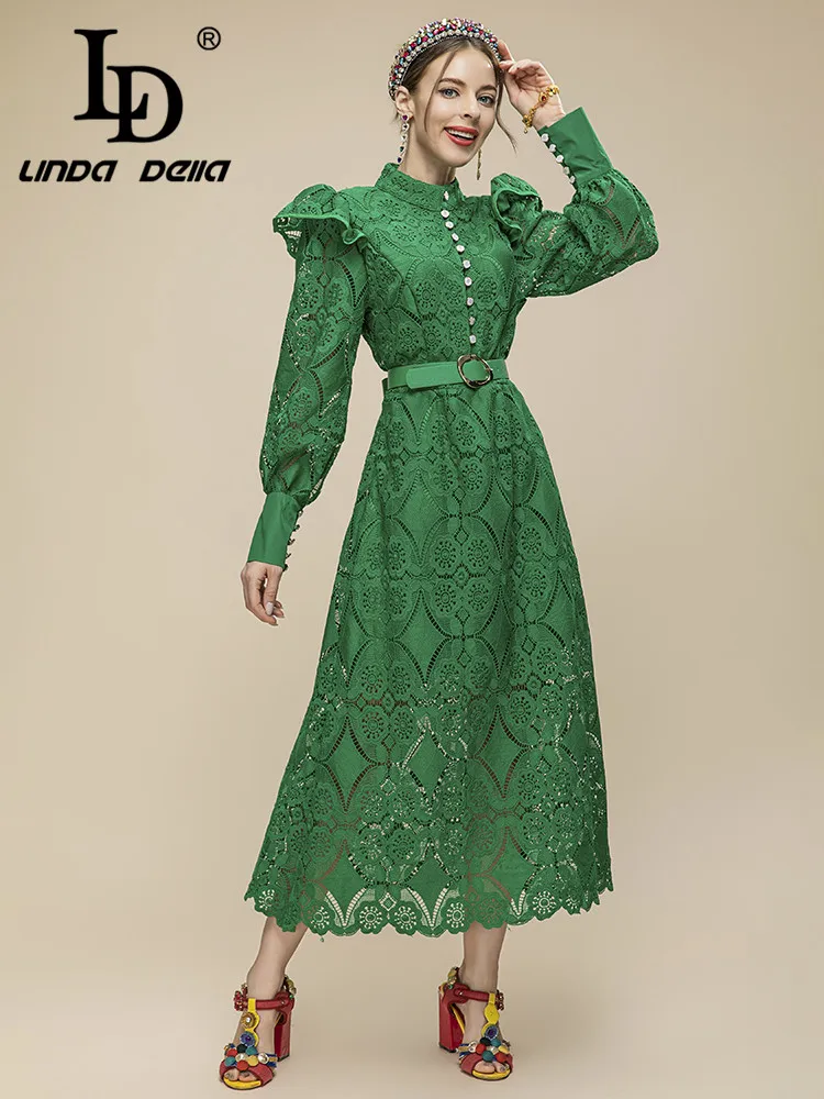 LD LINDA DELLA 2023 New Designer Summer Green Long Dress Women Lantern sleeve Belted hollow out Embroidery Vintage Party Dress