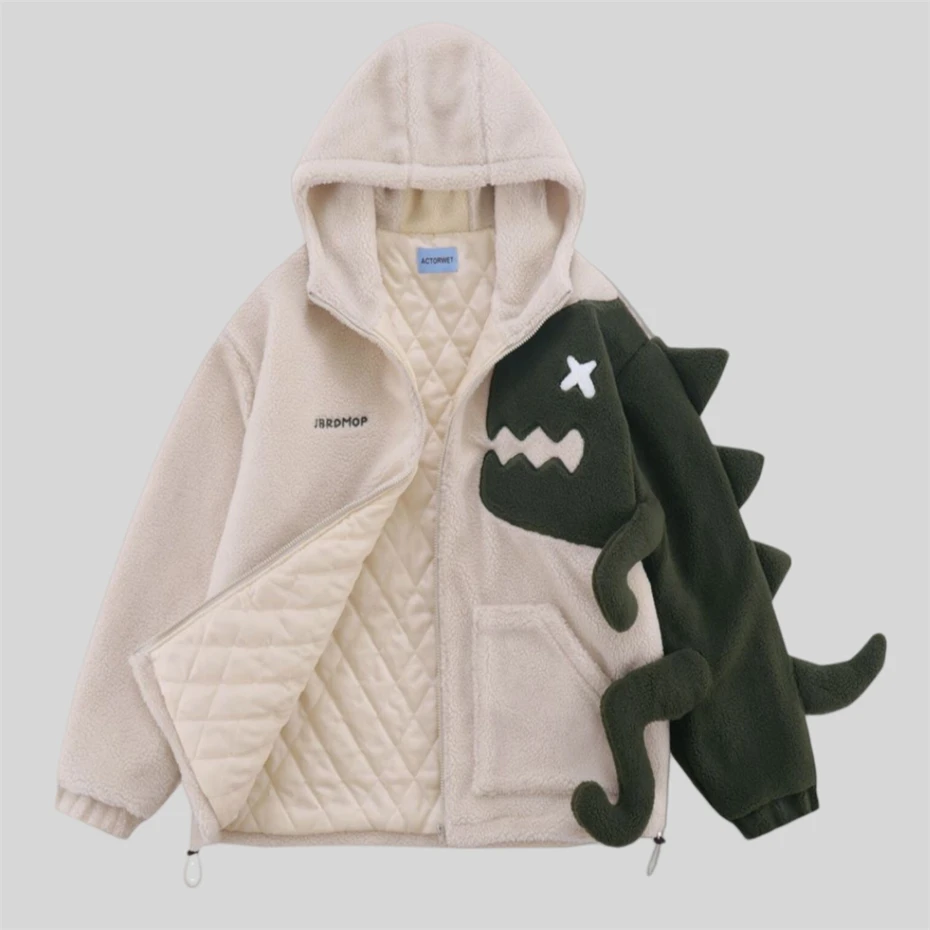 Dinosaur Doll Jacket Men Winter Fuzzy Lamb Fleece Jacket Coat Men Streetwear Hip Hop Oversized Zip Up Hooded Patchwork Jackets