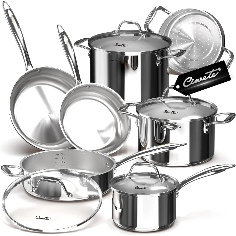 Tri-Ply Stainless Steel Cookware Set 11-Piece Induction Ready with Steamer Insert Oven Safe Nonstick Pots and Pans