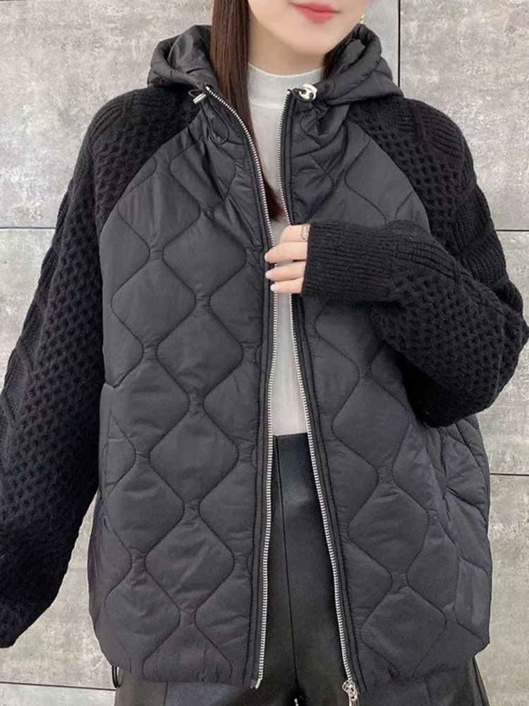 LANMREM Korean Style Knited Patchwork Cotton Coat Women's 2024 Winter New Hooded Zipper Design Casual Jackets Female 2Z3072