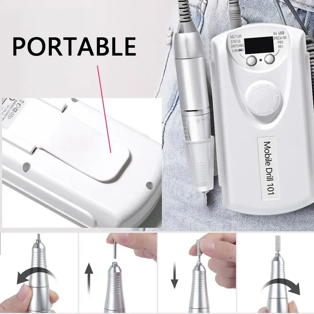 LINMANDA USB Nail Drill, Forward Reverse Adjustable Speed, Powerful Motor, Replaceable Nail Bits, Portable Travel Manicure Tool