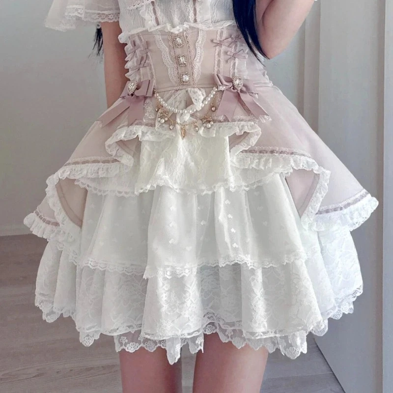 2026 Japanese Kawaii Lolita Mini Cake Skirt Girls Gothic Y2k Short Skirt Women Sweet Elegant Diamond Bow Pearl Chain Slim Skirt