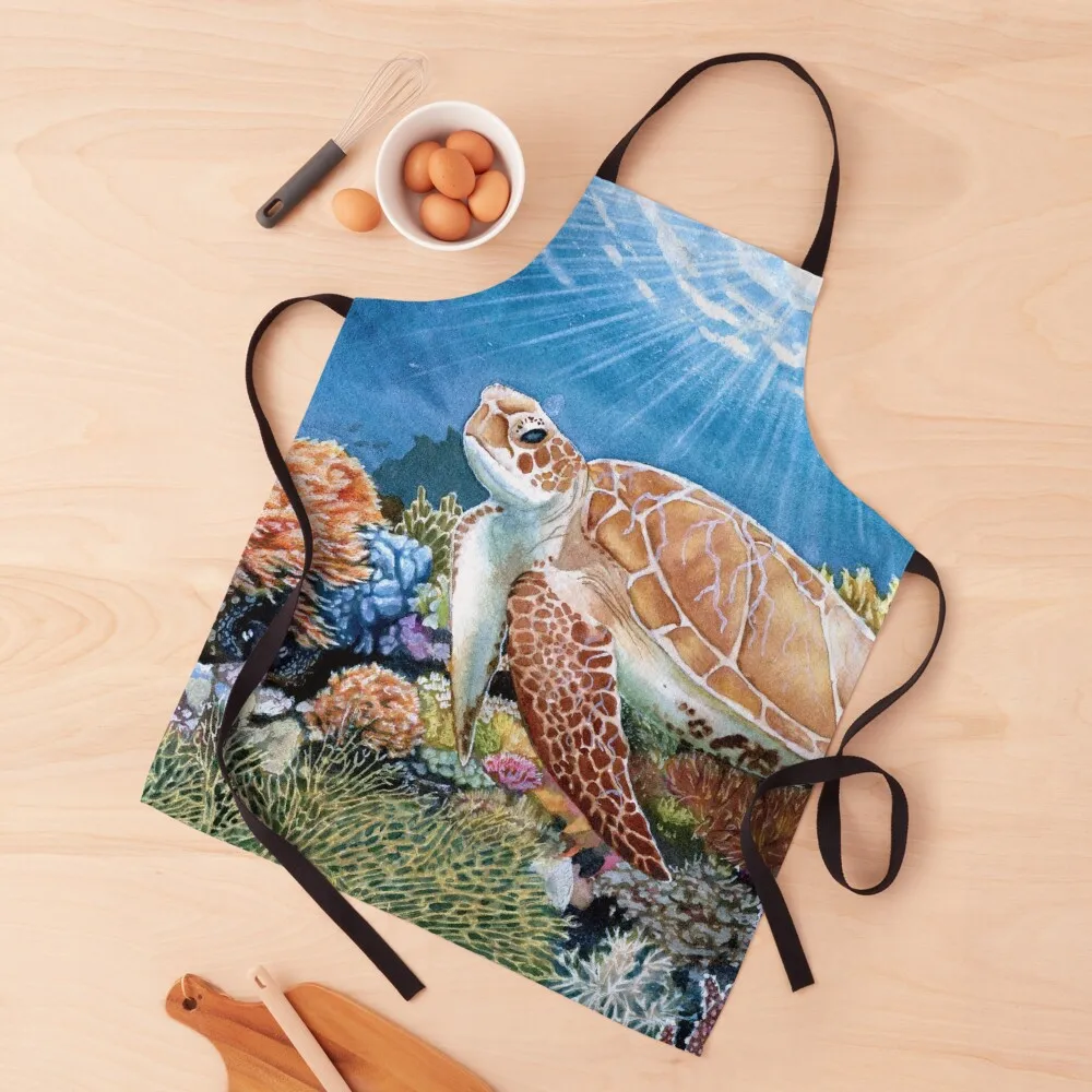 

Watercolour Sea Turtle and Corals Apron For Women Kitchen man chef uniform Apron