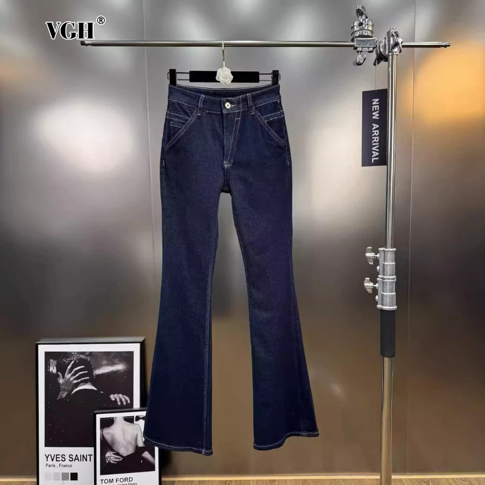 

VGH Fashionable Basics Flare Jeans for Women Low Waist Slim Quilted Design French Retro Temperament Trousers Female Autumn Style