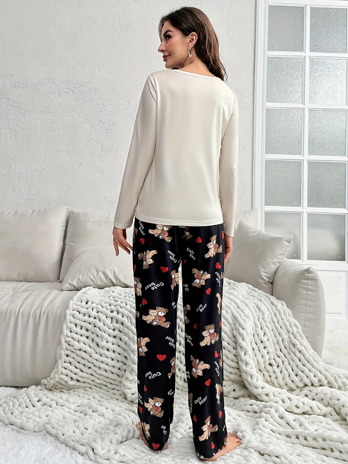 Bear print long sleeve trousers pajamas set