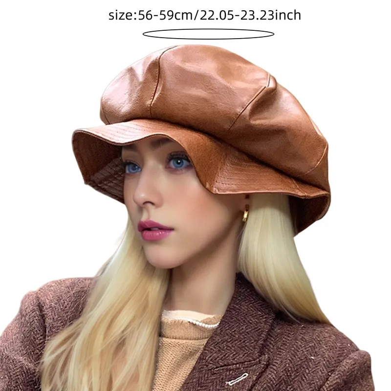 Faux Leather Style-Dominant Cloud-Shaped Eight-Pointed Cap Women Autumn Winter Outings Make Face Look Smaller Artist Hat