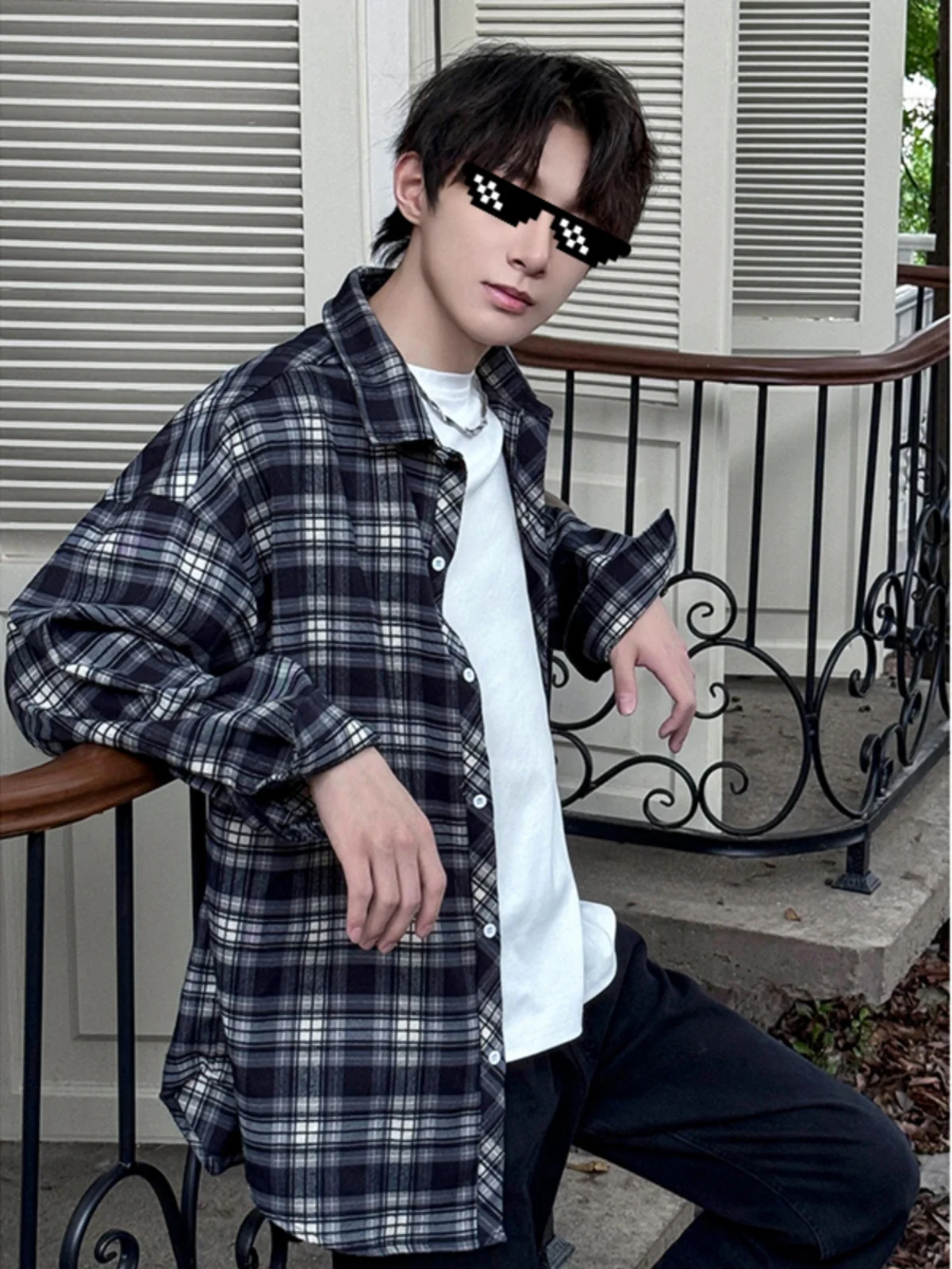 

Bla Plaid Long Sve irt Men's Spring Autumn American Trendy Brand Haome Top High-End id irt Coat Loose Fit Youth...