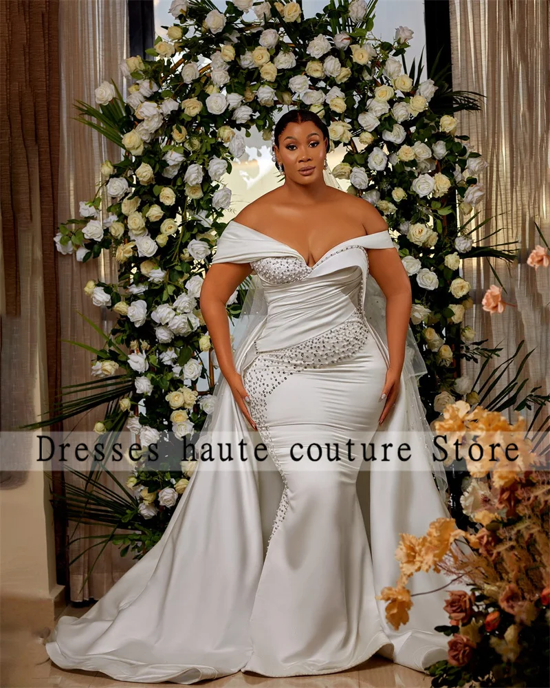 Robes de mariée africaines en dentelle, épaules dénudées, style sirène, élégantes, Aso Ebi, perles, grande taille, personnalisées, 2025