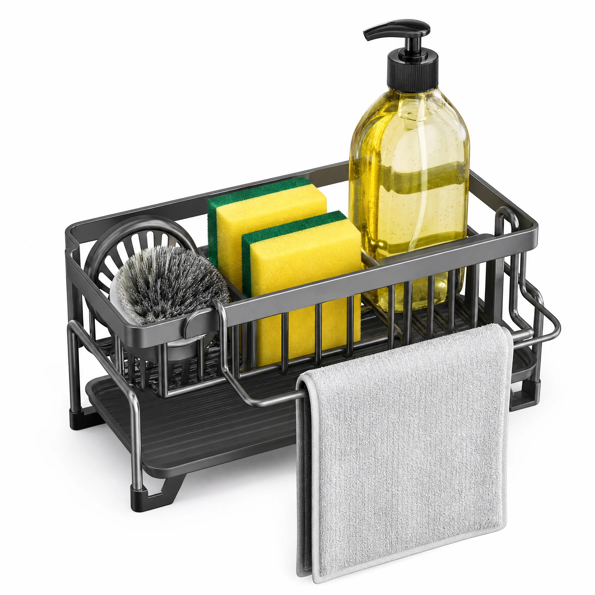 Kitchen Sink Organizer Rack Carbon Steel Sponge Holder Dish Soap Caddy with Towel Bar No Drilling Movable Rust-Proof Drainage Countertop Storage