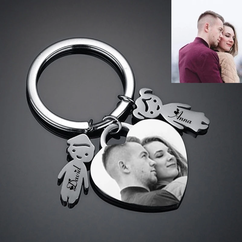 

NUOBING Personalized Custom Key Chain Ring Engraved Photo Text Name Stainless Steel Keyring For Lover Valentines Day Charm Gift