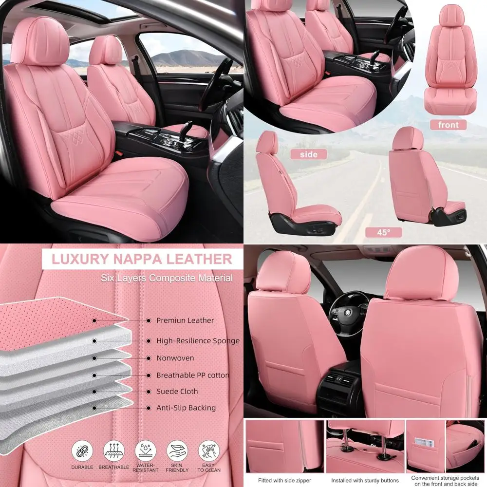 

Universal Fit Car Seat Covers 2-Piece Front, Nappa Leather Waterproof & Stain-Resistant Auto Protectors (Pink)