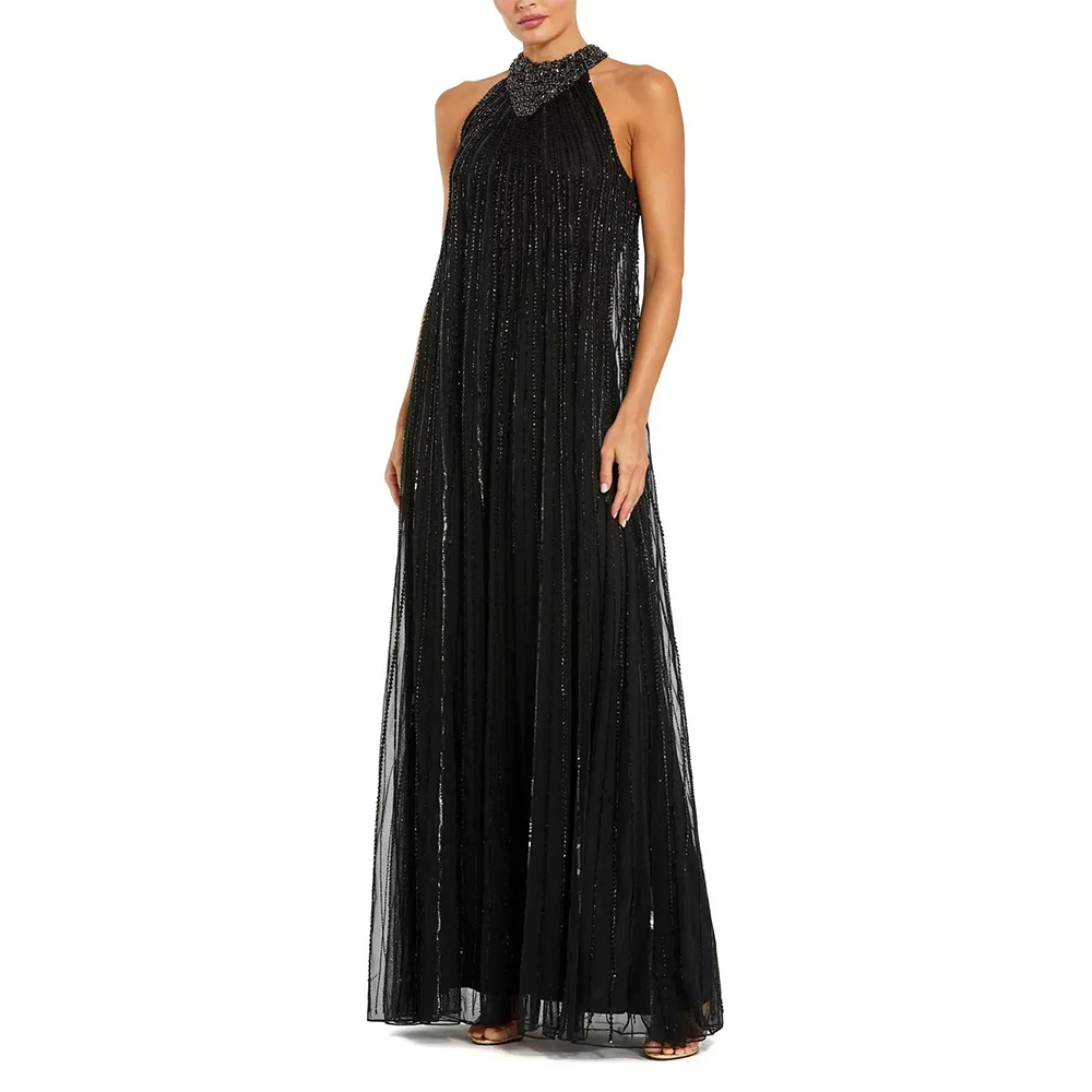 Luxury Sequin Beadings Evening Dresses High Collar Sleeveless Prom Gowns Black Tulle Floor Length Party Dress Customized 2026