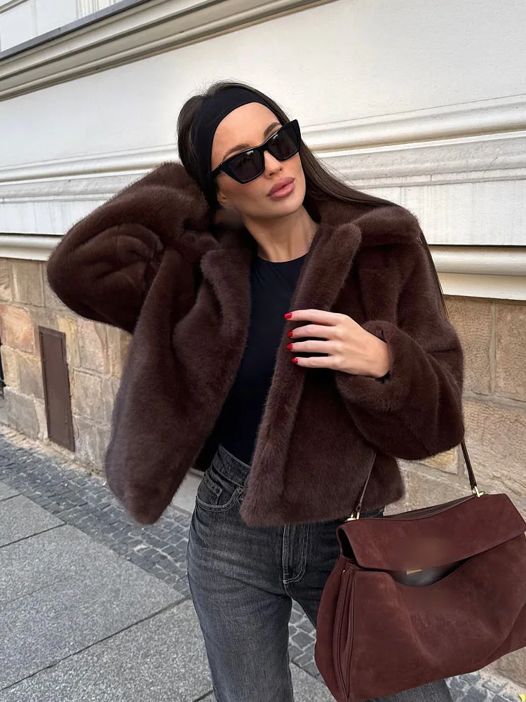 HH femmes hiver élégant revers manches longues simple boutonnage poches latérales décorer mince manteau femme Chic fausse fourrure vestes chaudes