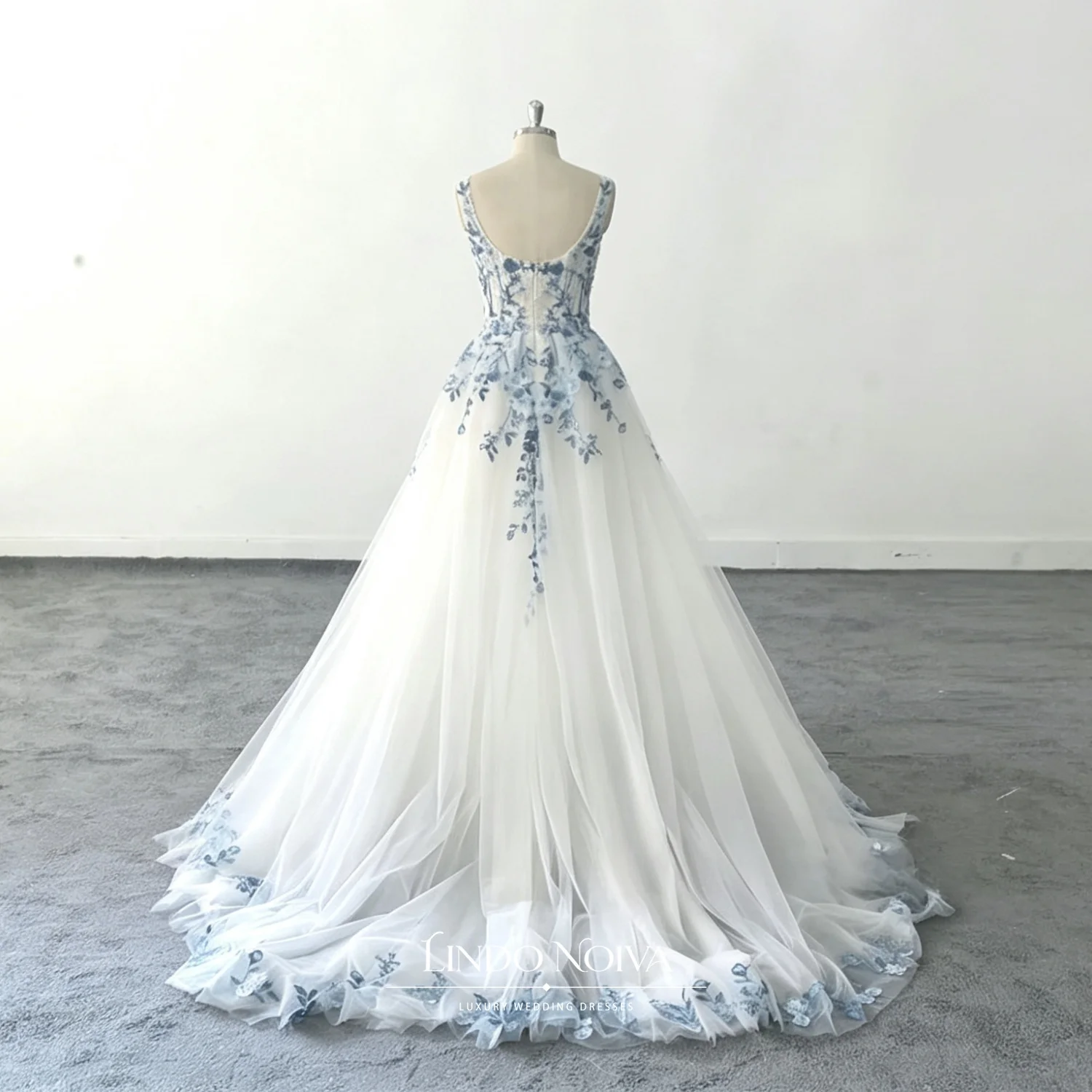 LINDO NOIVA Customized Delicate Blue Floral Embroidered A Line Wedding Dress Elegant Vestidos de Novia Floor Length Evening Gown