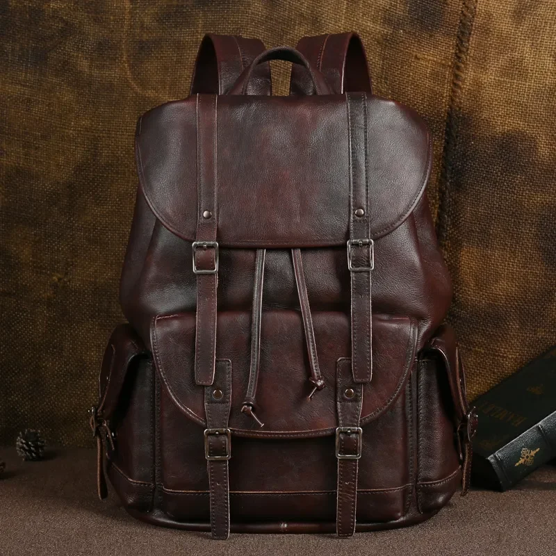 Men Retro Vegetable Tanned Leather Backpack First Layer Cowhide Business Travel Bag Casual Computer Rucksack High Quality