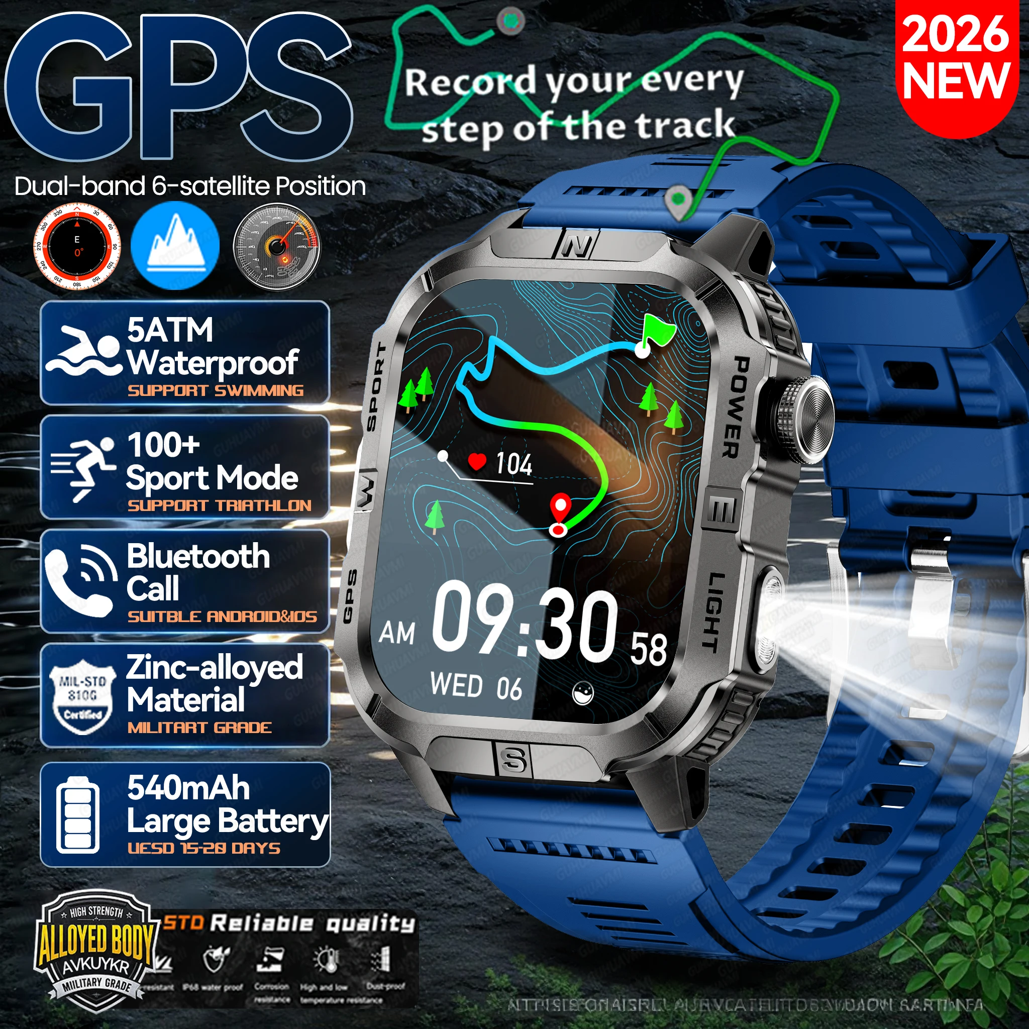 

2026Built-in GPS 6-Satellite Position Smart Watch Men Compass 3ATM Waterproof Sports tracker Call Outdoors Military Smartwatches