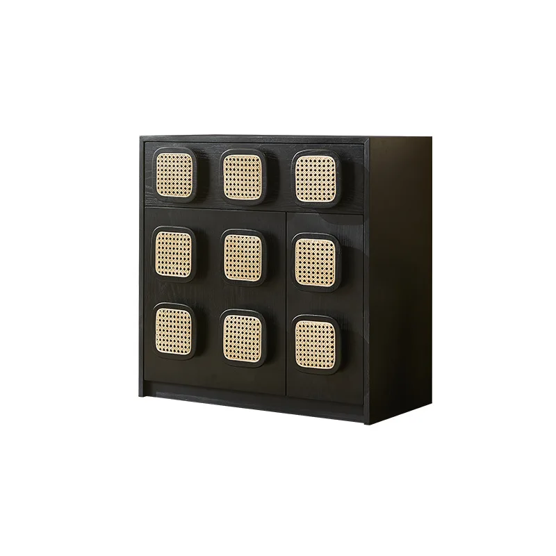 

French retro solid wood rattan dining side cabinet small apartment living room wabi sandy wind rattan bucket cabinet storage loc