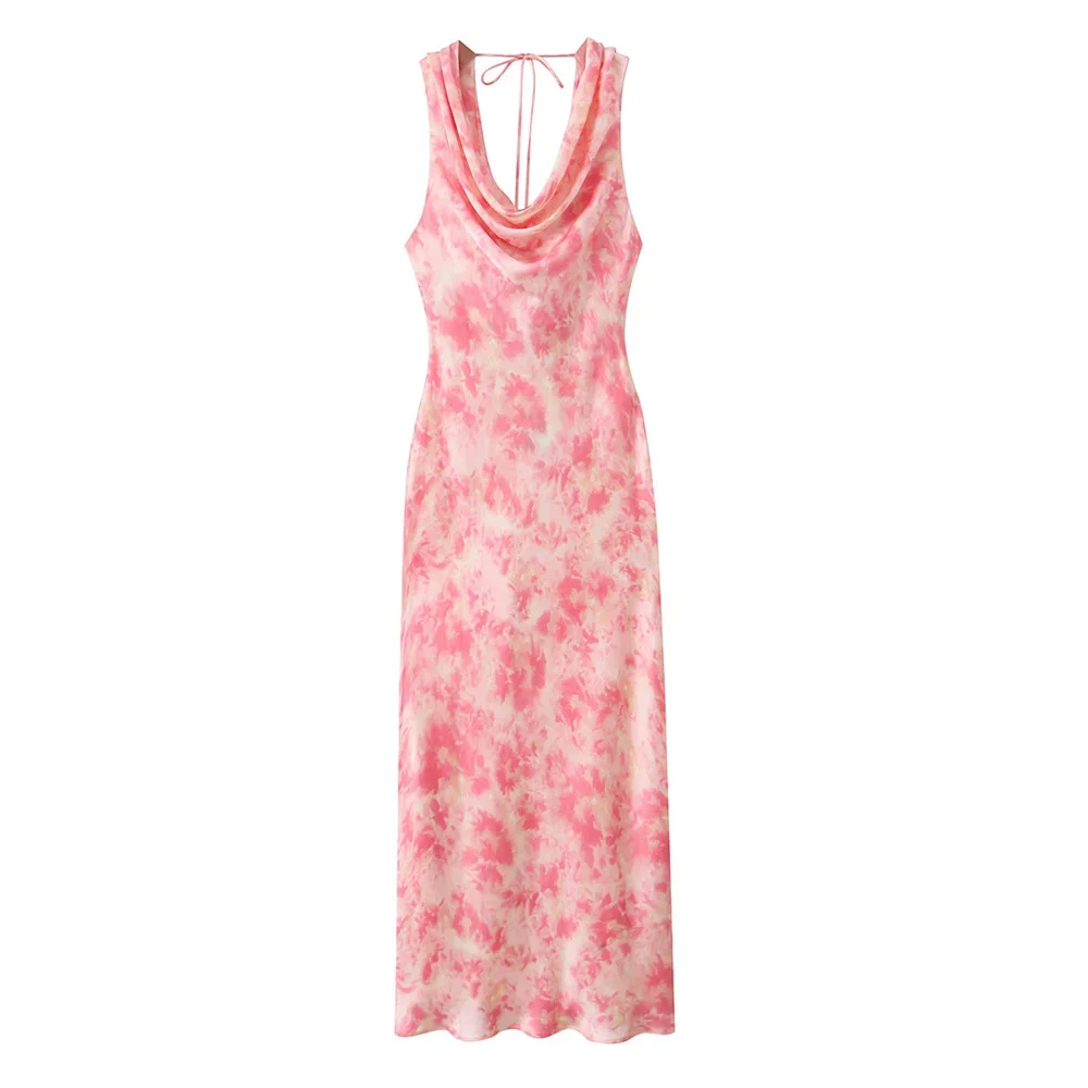 

LIBIELIY 2025 Summer New Women's European And American Style Fashion Satin Tie Dyed Print Sexy Open Back Swinging Neck Dress