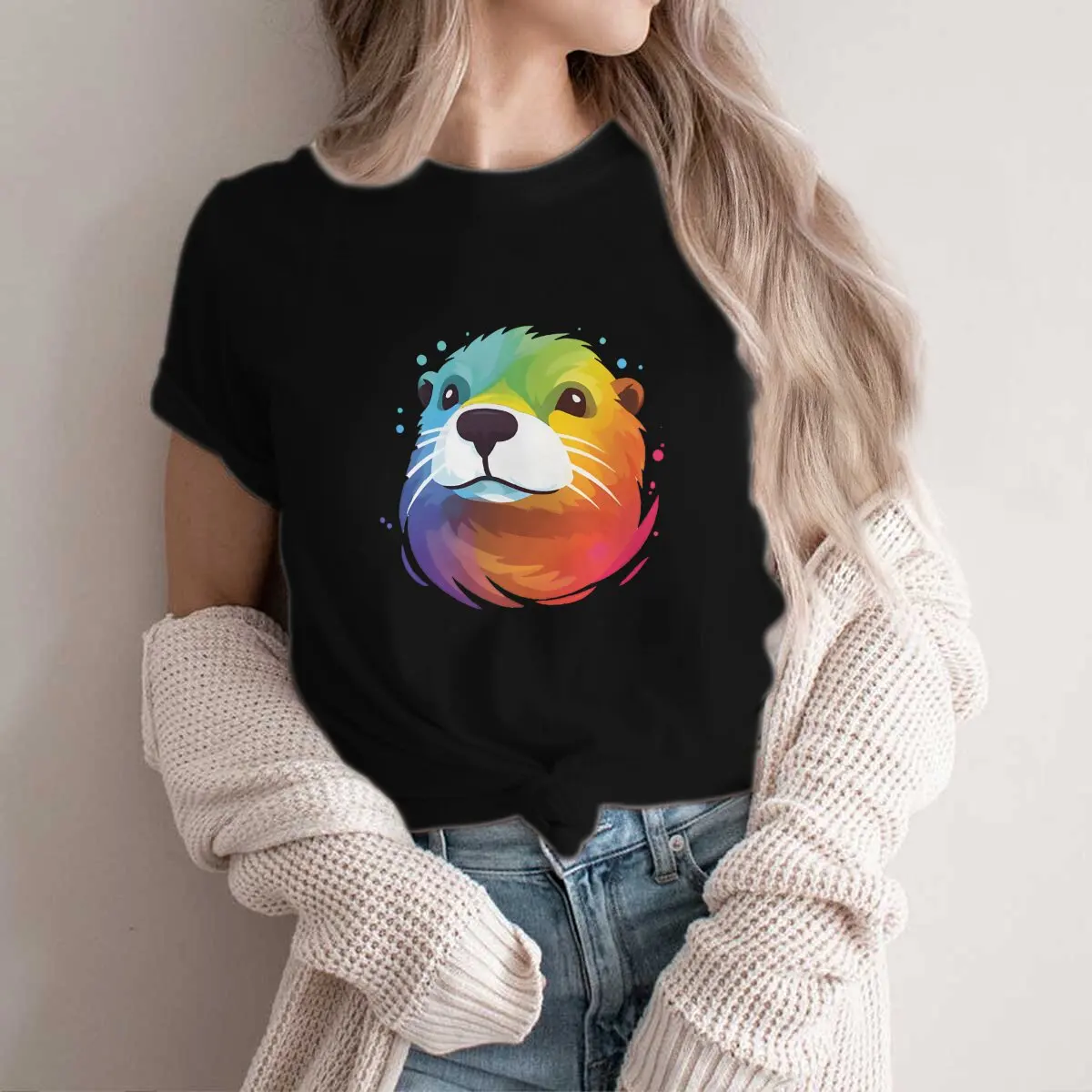 Regenboog Beestjes Grafisch Polyester T-Shirt Otter Stijl Streetwear Casual T-Shirt Vrouwen