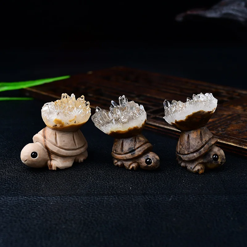 Natural White Crystal Cluster Small Turtle Ornaments Chrysanthemum Crystal Raw Stone Carvings