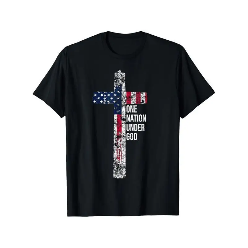 

American Flag Cross T-shirt, One Nation Under God Tee, Men Women Patriotic Christian Top, USA Religious Faith Gift