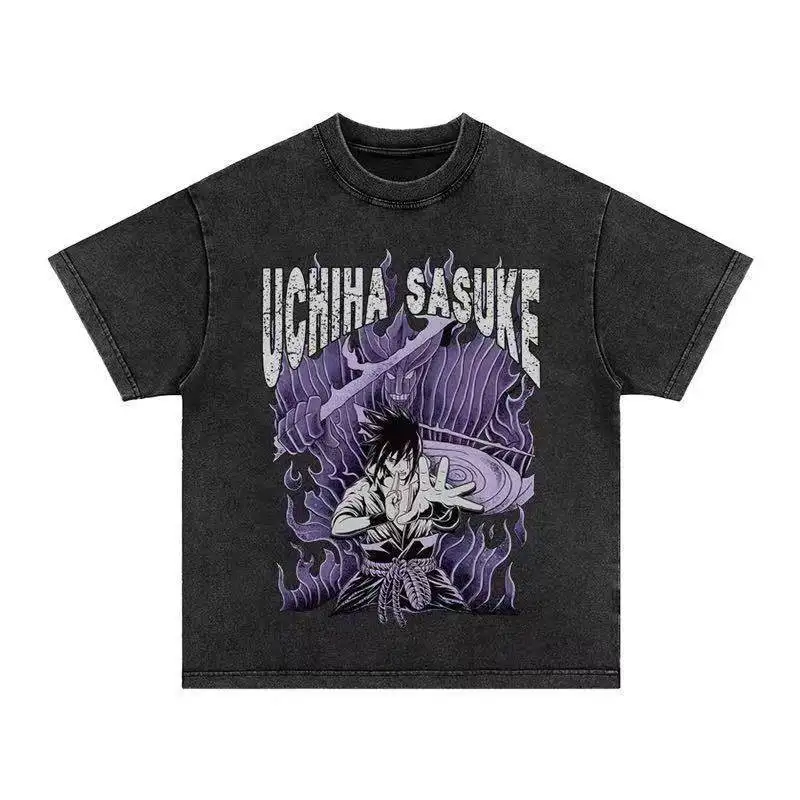 

Футболка с коротким рукавом в американском ретро-стиле с принтом аниме-персонажа Наруто Саске, с эффектом потертости и винтажной отделкой, в стиле High Street