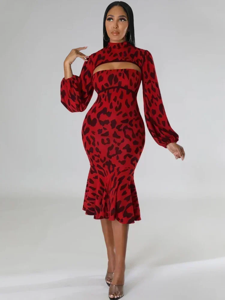 

Женский сексуальный облегающий миди-комплект GUWU с леопардовым принтом: платье без бретелек с оборками и длинными рукавами-фонариками, модный осенний комплект из двух предметов