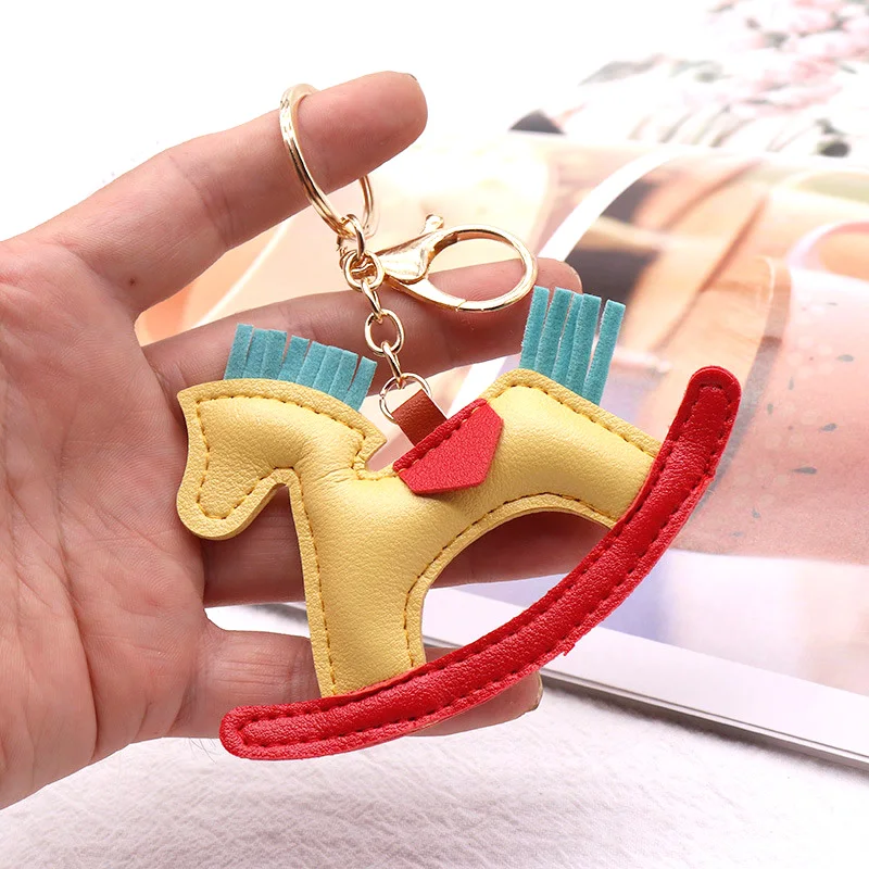 10 Colors New Trendy Designer PU Leather Rocking Horse Keychain Pony Horse Decoration For Lady Bag Keyring Charm Accessories