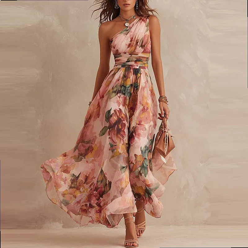 Fotografia 3: Vestido Feminino de Verão Elegante Sem Mangas com Ombro Assimétrico e Estampa, Macacão Primavera Verão